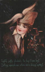 Woman in Large Feathered Hat with Romantic Verse Postcard