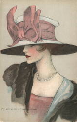 Woman in Wide-Brimmed Hat with Pink Bow, Fur Stole, and Pearls Postcard