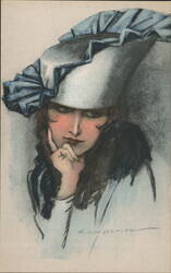 Elegant Woman in Blue and White Hat by M. D. Dowich Postcard