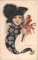 Woman in Black Hat with Jester Figure Postcard