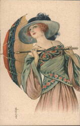 Elegant Woman with Parasol in Art Nouveau Style Postcard
