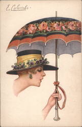 E. Colombo Woman in Floral Hat with Umbrella Postcard
