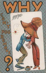 Why Can't You Behave? Man Kissing Woman Under Large Hat Postcard
