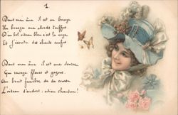 Woman in Blue Hat, Butterflies, and French Poem Postcard