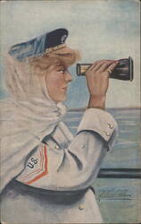 Woman in US Uniform with Spyglass Postcard