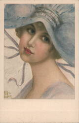 Woman in Large Blue Hat with Ribbons Postcard