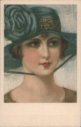 Woman in Blue Hat with Large Flower Postcard