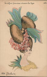 1830 Female Hairstyle with Blue Ribbon and Roses Postcard