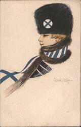G. Marini Illustration of Woman in Fur Hat and Striped Scarf Postcard