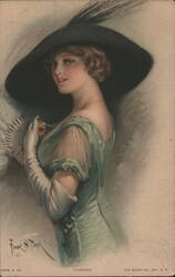 Florence, Woman in Large Black Hat with Feather and Fan Postcard
