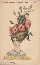 1835 Louis Philippe Era Elaborate Hairstyle with Roses and Pins Postcard