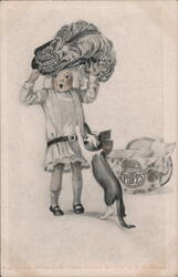 Young Girl with Feathered Hat and Dog, Papps Tailored Hats Ad Postcard