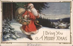 Santa Claus with Sack of Toys and Holly, Snowy Village Postcard