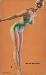 Smiling Woman in Swimsuit Ready to Dive, "One for the Money" Arcade Card