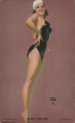 Earl Moran Pinup Girl in Black Swimsuit and White Cap Arcade Card