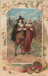 Thanksgiving Day Pilgrim Couple with Musket and Books Postcard