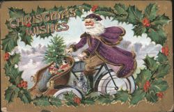 Christmas Wishes Santa Claus Riding Motorcycle with Children and Toys Postcard