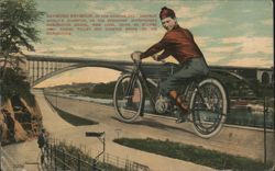 Raymond Seymour on Eclipse Motorcycle, Washington Bridge Postcard