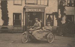 Men with Motorcycle and Woven Sidecar in front of W. Owen Postcard