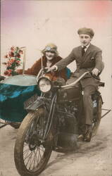 Couple on Motorcycle with Sidecar Postcard