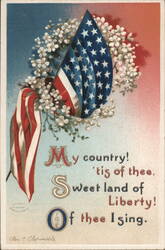 American Flag with My Country 'Tis of Thee Lyrics by Ellen Clapsaddle Postcard