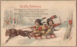 To My Valentine, Children on Sled with Wolf Dog Postcard