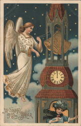 Happy New Year Angel Ringing Bells in Clock Tower Postcard