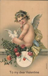 Cherub with Roses, Dove, and Heart Target for Valentine Postcard