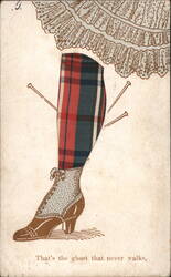 Woman's Leg, Plaid Stocking, Knitting Needles, 'Ghost That Never Walks' Postcard