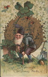 Gnome with Four-Leaf Clover and Shovel, Christmas Greeting Postcard