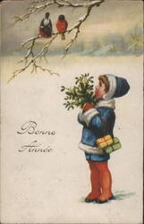 Child with Mistletoe and Birds, Bonne Année Postcard