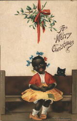 A Merry Christmas Black Girl, Cat, Mistletoe Postcard