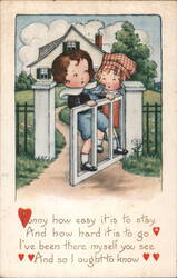 Boy and Girl at Gate with Sentimental Poem Postcard