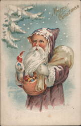 Santa Claus with Elf Doll and Basket of Toys Postcard