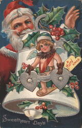 Santa Claus and Cherub on Christmas Bell with Holly and Berries Postcard