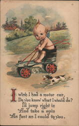 Cherub Child Driving Roller Skate Car with Dog, 'I wish I had a motor car Postcard