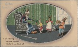 Easter Greetings with Anthropomorphic Rabbits and Cakes Postcard