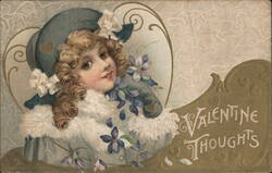 Valentine Thoughts, Girl in Hat with Flowers Postcard