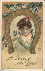 Happy New Year Woman with Champagne and Horseshoe Postcard
