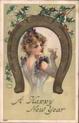 Beautiful Lady with Champagne Glass in Horseshoe, New Year's Greeting Postcard