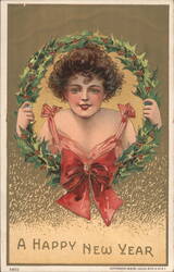 Young Woman in Holly Wreath with Red Bow, A Happy New Year Postcard