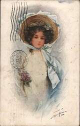 Young Girl in Straw Hat with Blue Ribbon and Flowers Postcard