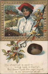 Woman in Red Hat with Basket of Chestnuts and Autumn Leaves Postcard