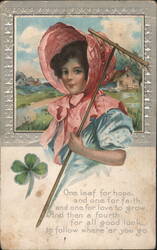 Girl in Bonnet with Shamrock and Good Luck Verse Postcard