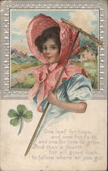 Girl in Pink Bonnet with Parasol and Four-Leaf Clover Postcard