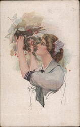 Woman Picking Berries with Purple Bow Postcard