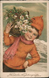 Child with Basket of Winter Flowers, Herzliche Neujahrsgrüße Postcard