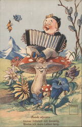 Alpine Boy Playing Accordion on Smiling Mushroom Postcard