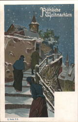 Fröhliche Weihnachten Snowy Village Path Postcard