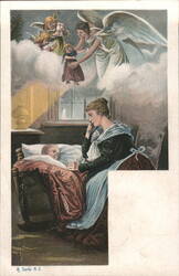 Woman by Baby's Crib with Vision of Angels Postcard